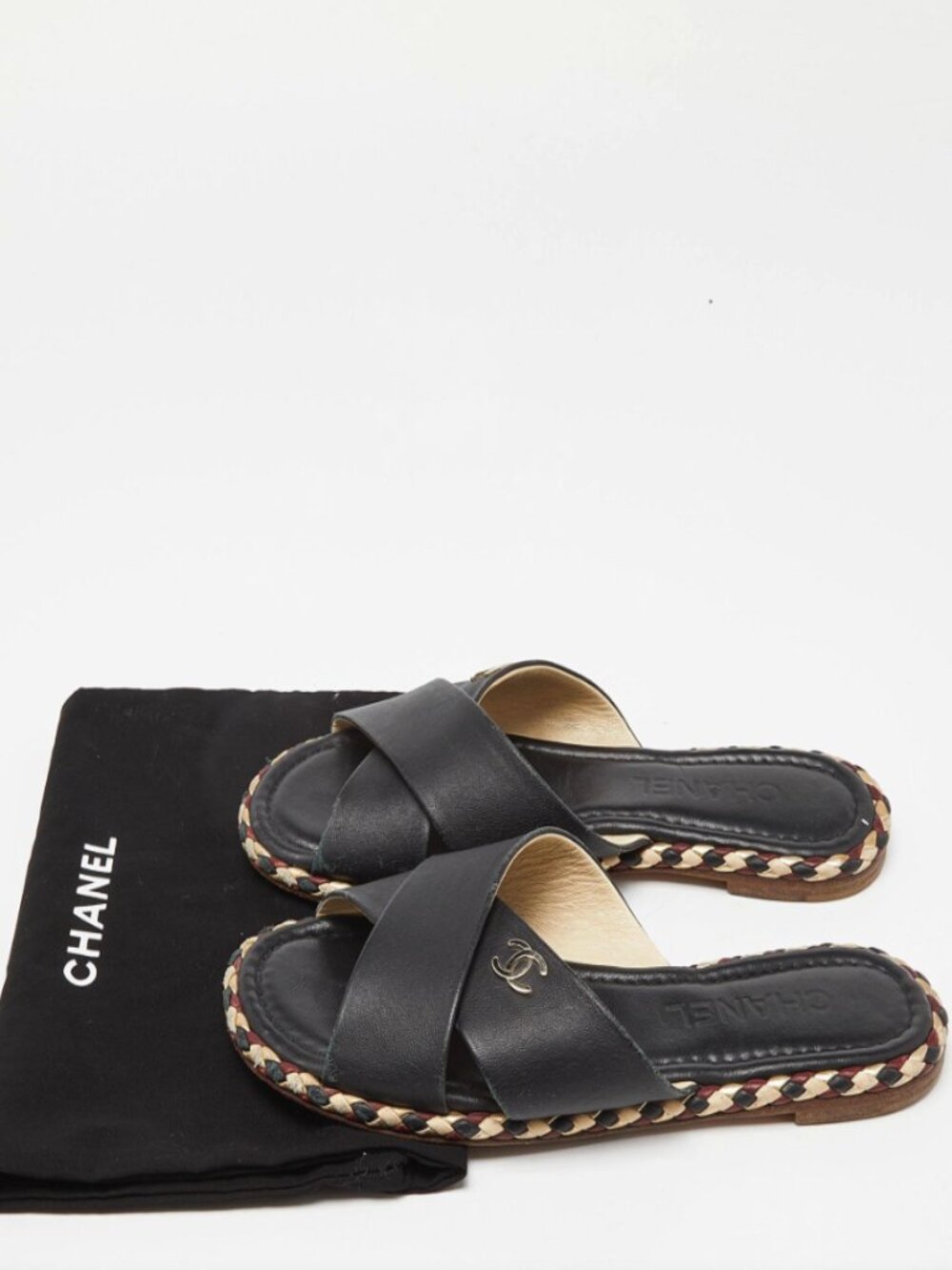 Chanel Black Leather Braided Trim Criss Cross CC Flat Slide Sandals Size 37